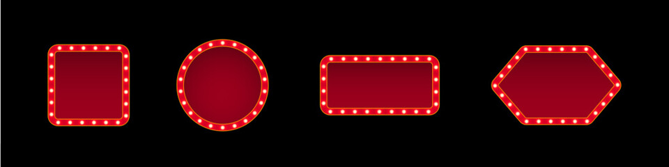 Retro casino light signs on black background. Circus frames with glowing light bulbs. Red cinema or theater banners of square, circular, rectangular, hexagonal shapes. Vector illustrations set.