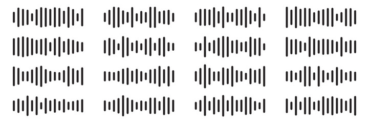 Sound waves set. Music audio frequency, voice waveform, electronic radio signal, volume level, track symbol. Various noise pulses black lines isolated on transparent. Abstract vector background.