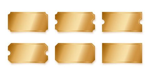 Golden tickets isolated on transparent background. Gold coupon, sticker or discount tag mockup. Cinema, theater, concert, party, event, festival invitation entrance. Realistic vector illustrations set