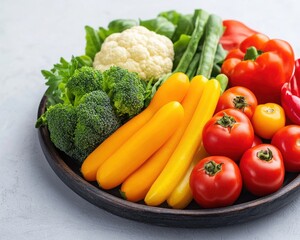 A vibrant assortment of fresh, colorful vegetables arranged on a wooden plate, showcasing healthy eating and nutrition.