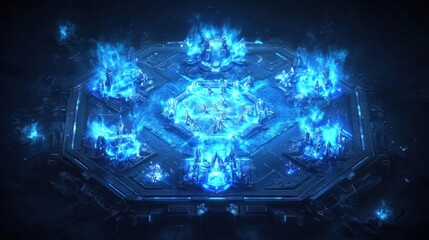Blue Glowing Platform with Figures and Flame Effects Concept Design