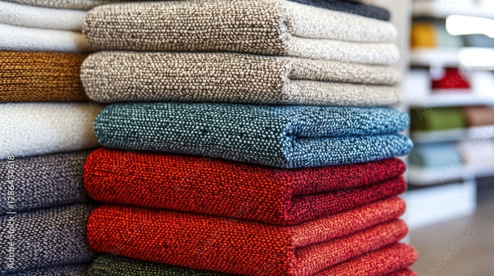 Poster a detailed close-up of neatly folded towels stacked on a table, showcasing their soft texture and vi