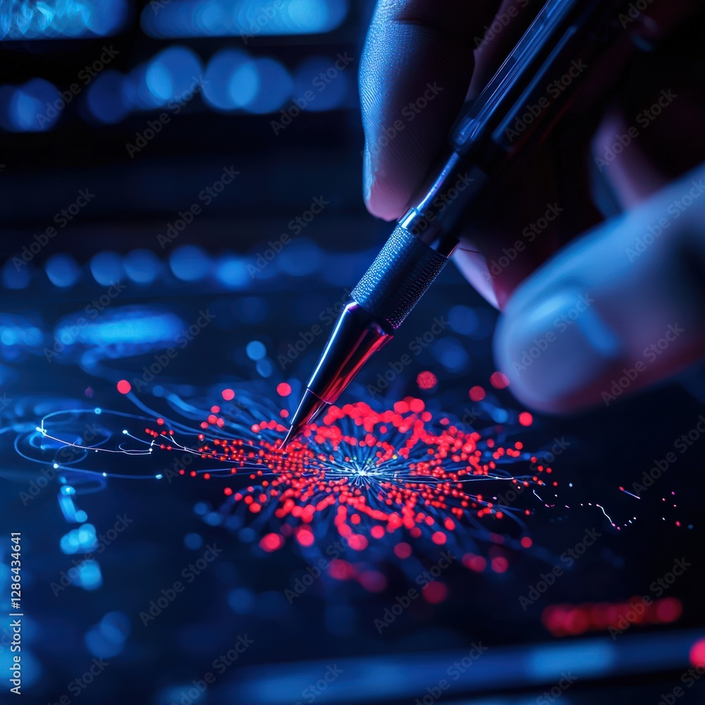 Poster close-up of a hand holding a pen analyzing data visualization on a digital screen