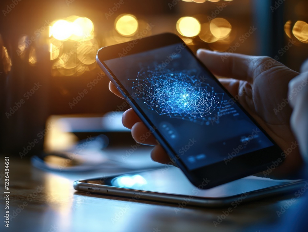 Poster close up of a hand holding a smartphone displaying a digital network visualization at night