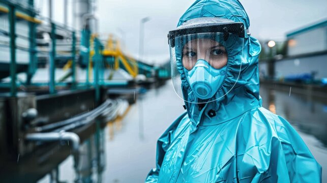 Woman in a blue rain suit is standing in front of a building