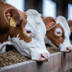 Close-up of two brown and white cows in a barn, peacefully feeding. Their gentle eyes reflect a serene farm atmosphere.