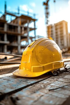 Yellow hard hat is laying on a wooden surface