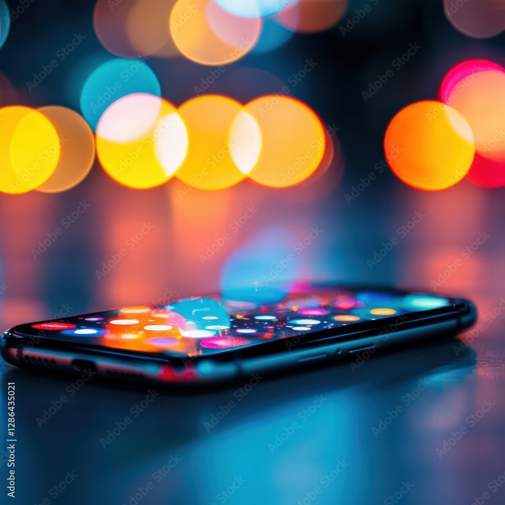 Poster close up of a smartphone on a glossy surface with colorful bokeh lights background at night
