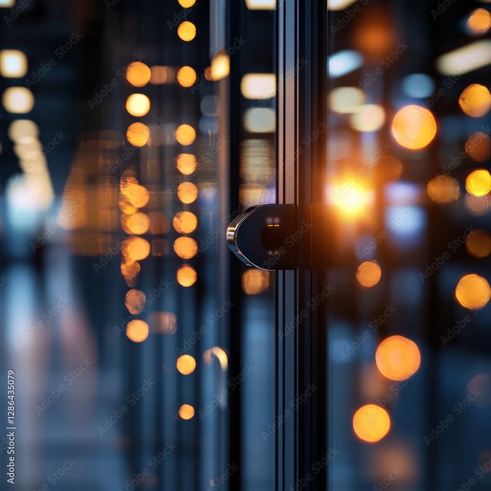 Poster close-up of glass partitioning with bokeh lights and sunset glow in modern office environment