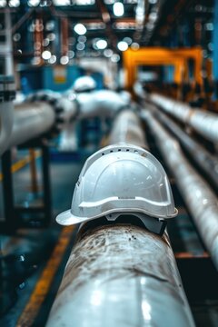 White hard hat is sitting on top of a pipe