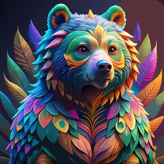 Obraz premium Colorful Bear Portrait in Vibrant Psychedelic Art with Neon Colors and Intricate Feather Patterns