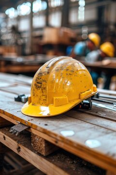 Yellow hard hat is on a wooden table