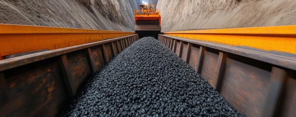 A perspective view of a conveyor transporting coal through a mining tunnel, showcasing the movement of materials in an industrial setting.