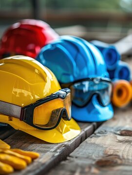 Three safety helmets and goggles are on a wooden table