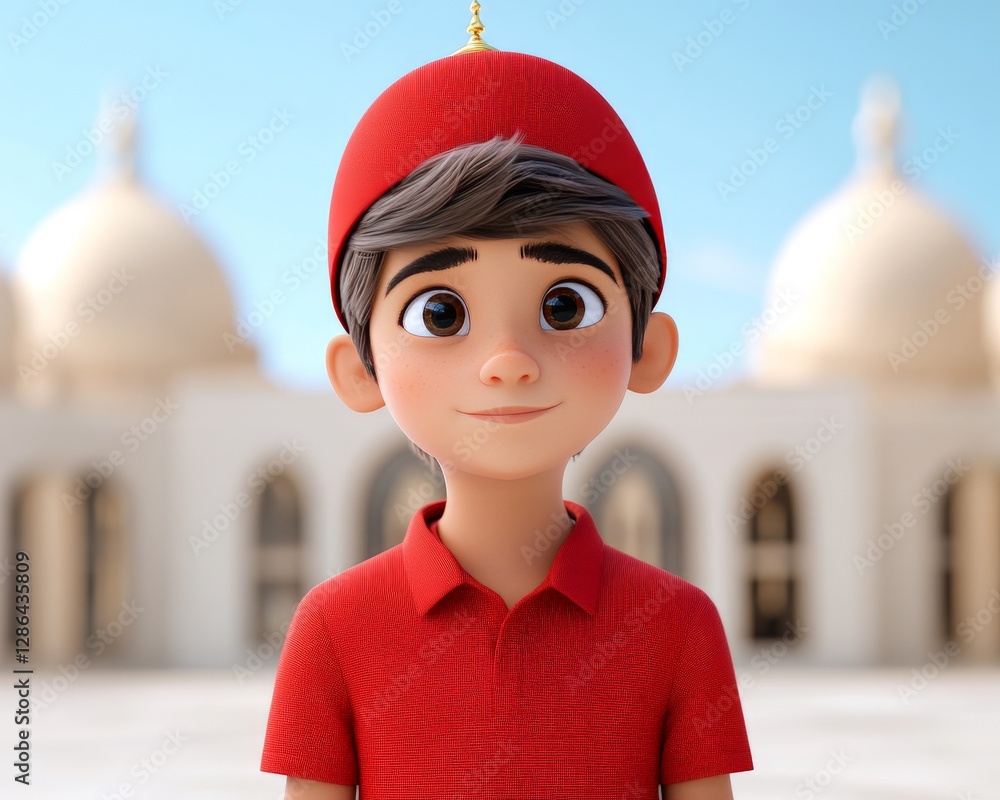 Poster 3d rendered character of young boy in red polo and cap standing in front of white domed architecture