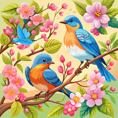 Colorful Illustrated Birds with Vibrant Floral Background and Cheerful Songbirds in Spring Garden