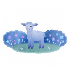 cute blue lamb standing on green grass surrounded by colorful flowers and bushes, symbolizing spring and Easter joy