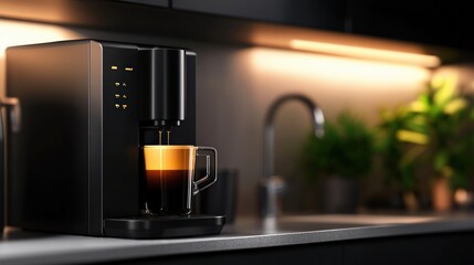 Coffee Machine Brewing Espresso in Modern Kitchen with Warm Ambient Lighting