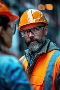 Man wearing an orange safety vest and a hard hat is talking to a woman
