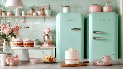 An alluring vintage kitchen filled with pastel decor and mouthwatering baked treats creates a delightful atmosphere, celebrating the art of baking with both charm and elegance for home cooks.