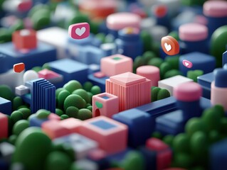 Obraz premium Colorful Abstract Cityscape with Geometric Shapes and Floating Heart Icons in 3D