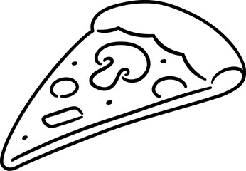 Vegetarian pizza slice, hand drawn doodle icon. Black and white line art. Simple drawing, vector clip art illustration.