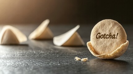 April Fools Day and humor concept. Fortune cookie with "Gotcha!" on a table, surrounded by broken cookies.