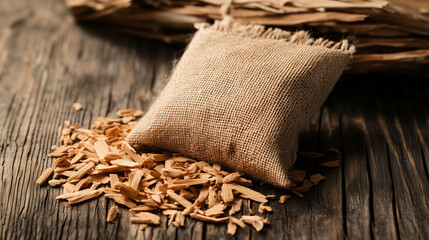 Light brown sachet with wood chips on a rustic wooden surface