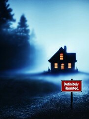 April Fools Day and humor concept. Mysterious house at night with a sign reading "Definitely Haunted" amid fog and trees.