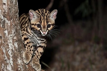 Very rare ocelot in the night of brazilian jungle, endangered and nocturnal species, leopardus pardalis in latin, wild animal in the nature habitat