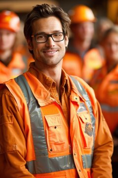 Man in an orange vest and glasses is smiling for the camera