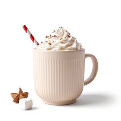 Creamy whipped drink in beige mug with festive decoration