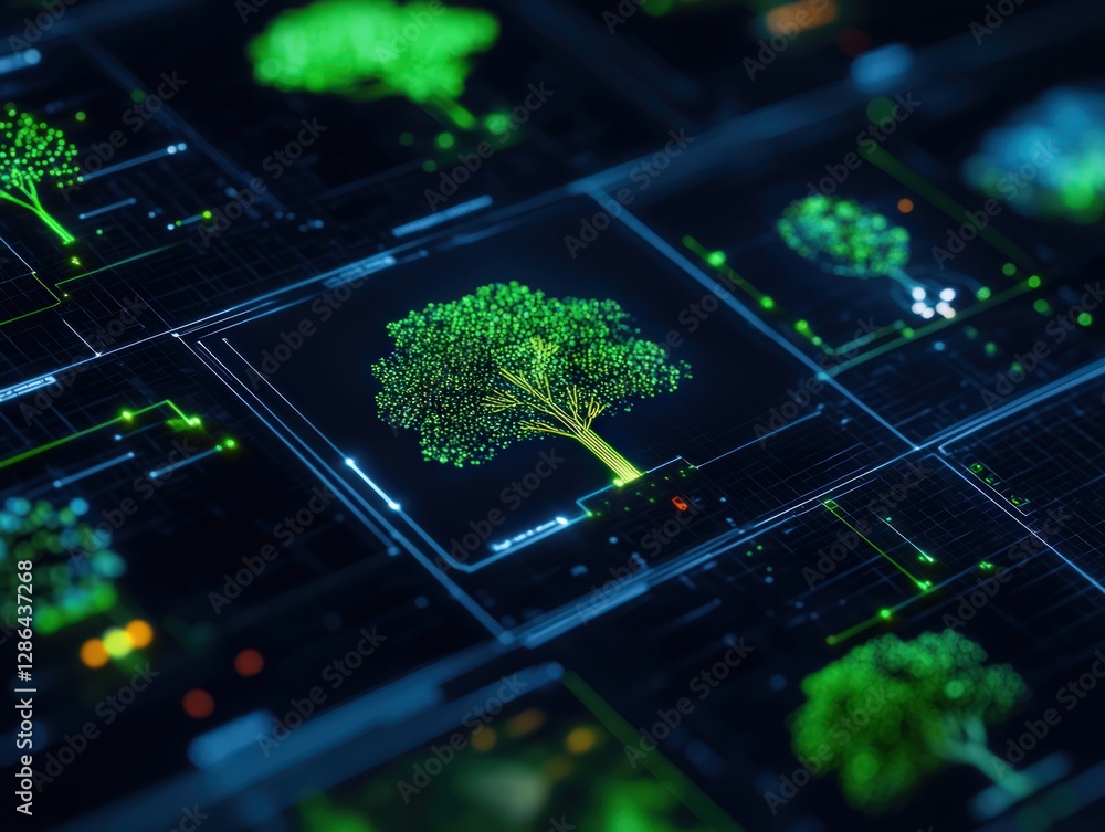 Poster colorful digital tree visualization with abstract technology background and futuristic elements