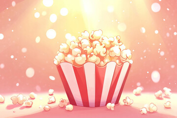 A colorful illustration of a striped popcorn bucket filled with popcorn, surrounded by scattered popcorn kernels. The background features soft pink hues and light rays, creating a cheerful atmosphere.