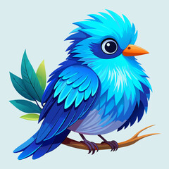 Cute Cartoon Blue Bird with Expressive Eyes and Fluffy Plumage on Branch