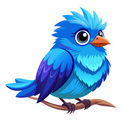 Cute Cartoon Blue Bird with Expressive Eyes and Fluffy Plumage on Branch