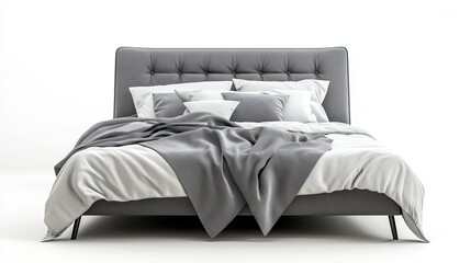 Cozy Gray Bed with Linens on Plain White Background
