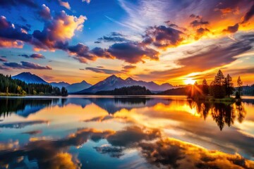Serene Lake Mountain Silhouette Photography: Mirror Reflection, Scenic Landscape, Nature