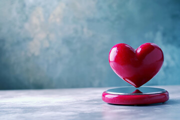 Fototapeta premium A shiny red heart sculpture on a reflective surface, set against a soft blue and green textured background. The heart appears glossy and vibrant, symbolizing love and affection.