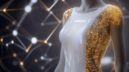 Innovative fashion event showcasing smart textiles and wearable technology virtual space digital art futuristic view