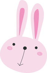 Playful and kawaii rabbit face illustration with long pink ears and rosy cheeks, simple vector art for kids and baby decor.