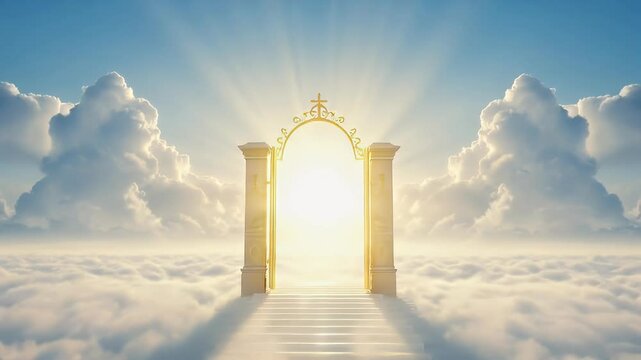 Journey up the stairs between the clouds to the gate of heaven