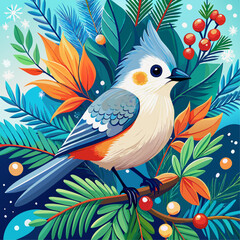 Cute Cartoon Bird with Tropical Foliage and Berries in Whimsical Style

