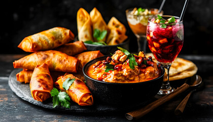 Photo Vibrant Culinary Scene Curry Spring Rolls Beverage Cuisine Dining Food Gastronomy Meal Snack