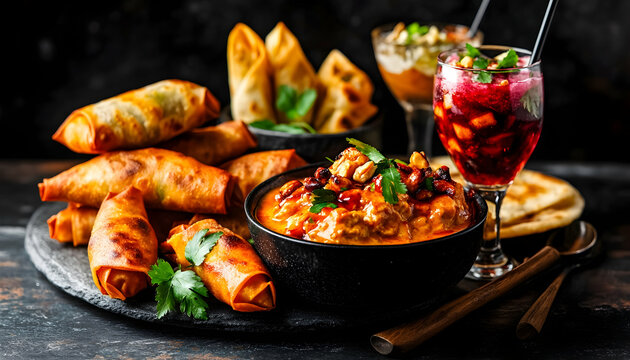 Photo Vibrant Culinary Scene Curry Spring Rolls Beverage Cuisine Dining Food Gastronomy Meal Snack