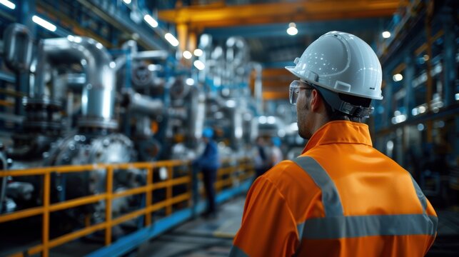 Man in a safety helmet and orange jacket is looking at a machine