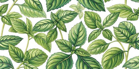 Basil Leaf Pattern Background, Intricate Green Leaf Design, Botanical Illustration, Nature Photography, Food Photography, Culinary Background, Herbal Texture