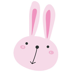 Playful and kawaii rabbit face illustration with long pink ears and rosy cheeks, simple art for kids and baby decor.