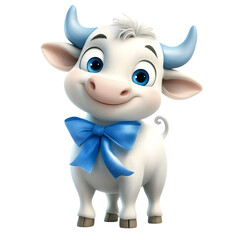Naklejka premium Adorable Baby Cow White Calf with Blue Bow Cute Farm Animal 3D Render