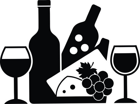 black wine bottles, glasses, cheese, grapes clip art preview